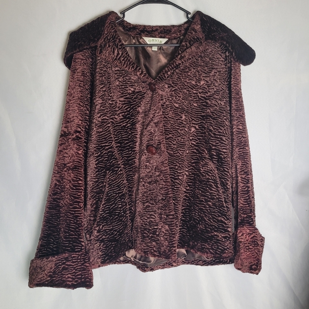 Vintage Orvis Women's Brown Crushed Velvet 2 Button Jacket Coat Size Large